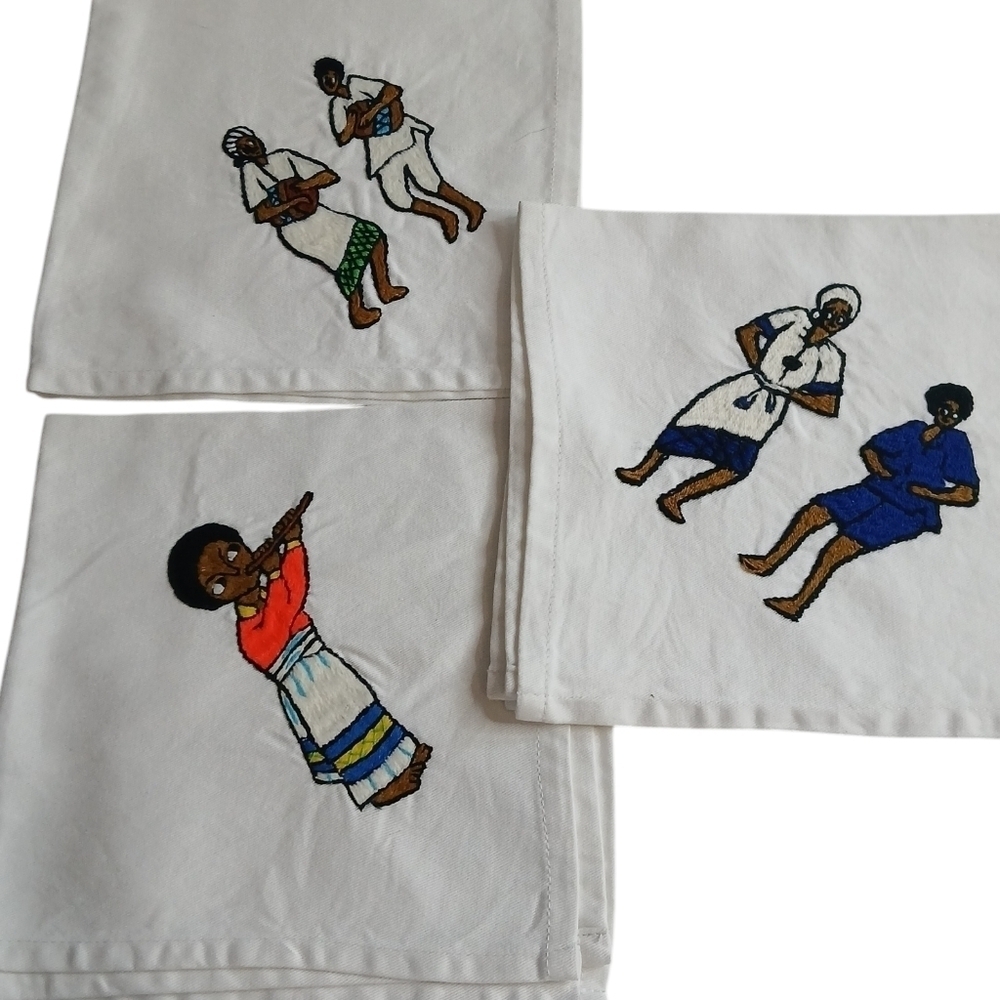 Vintage Handmade Napkin Set of 3 Native Folk Art - Embroidered Cotton Fabric